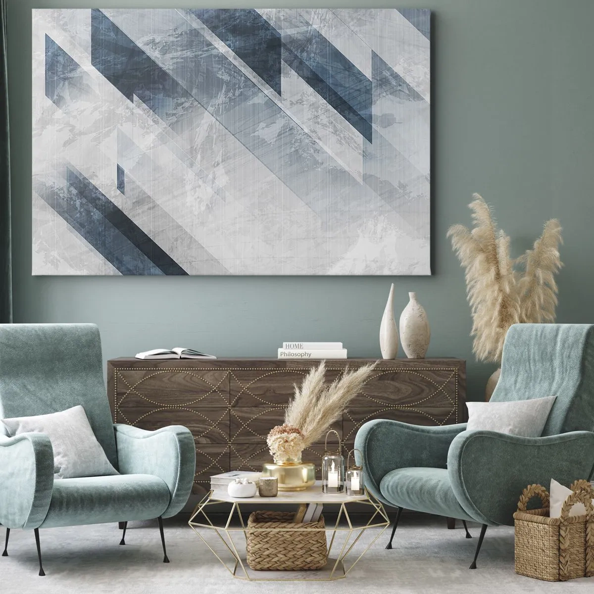 Obraz na plátne - Abstraktné čiary v odtieňoch sivej a modrej - 70x50cm - Priestorová kompozícia – pohyb šedej - Moderná nástenná dekorácia do obývacej izby a spálne ARTTOR