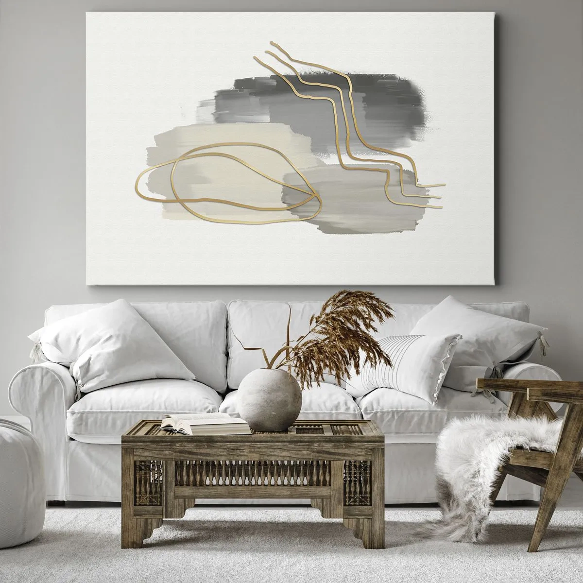 Obraz na plátne - Abstraktné zlaté čiary na sivom pozadí - 70x50cm - Trvanie a pohyb - Moderná nástenná dekorácia do obývacej izby a spálne ARTTOR