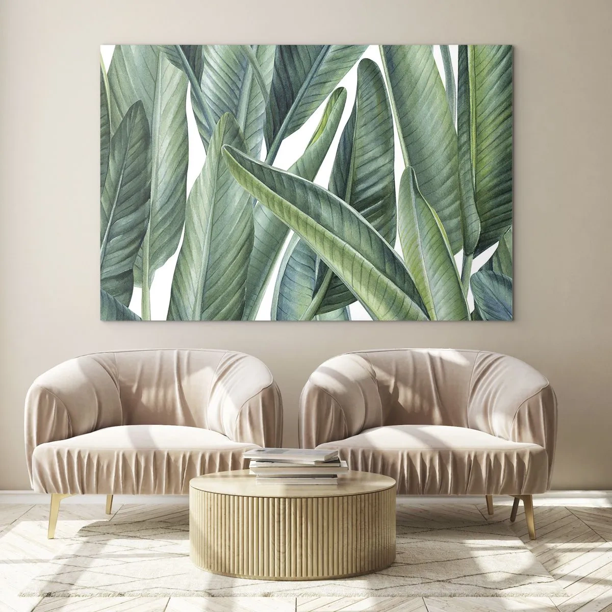 Obraz na skle - Tropické listy v odtieňoch zelenej - 70x50cm - Proste zelená - Moderná nástenná dekorácia do obývacej izby a spálne ARTTOR