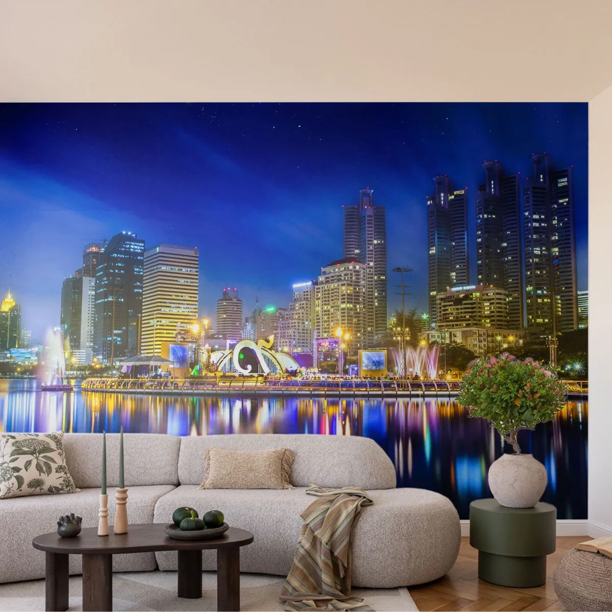 Samolepiaca Fototapeta Deluxe Sticker - Dúhová noc metropoly - Mesto, Bangkok, Architektúra - 250x175 cm