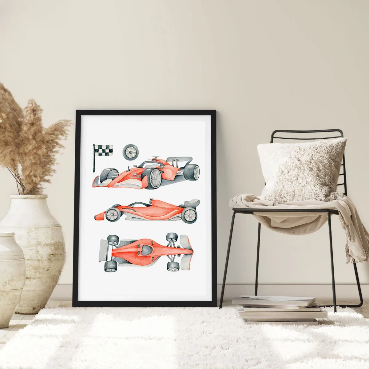 Plagát v čiernom ráme - Akvarelová ilustrácia pretekárskeho auta - 50x70cm - Dobehnúť sen - Moderná nástenná dekorácia do obývacej izby a spálne ARTTOR