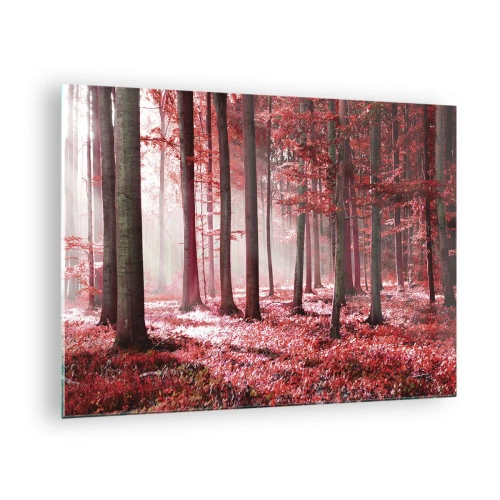 Obraz na skle - Jesenný les v červených farbách a ranná hmla - 70x50cm - Červená je rovnako krásna - Moderná nástenná dekorácia do obývacej izby a spálne ARTTOR