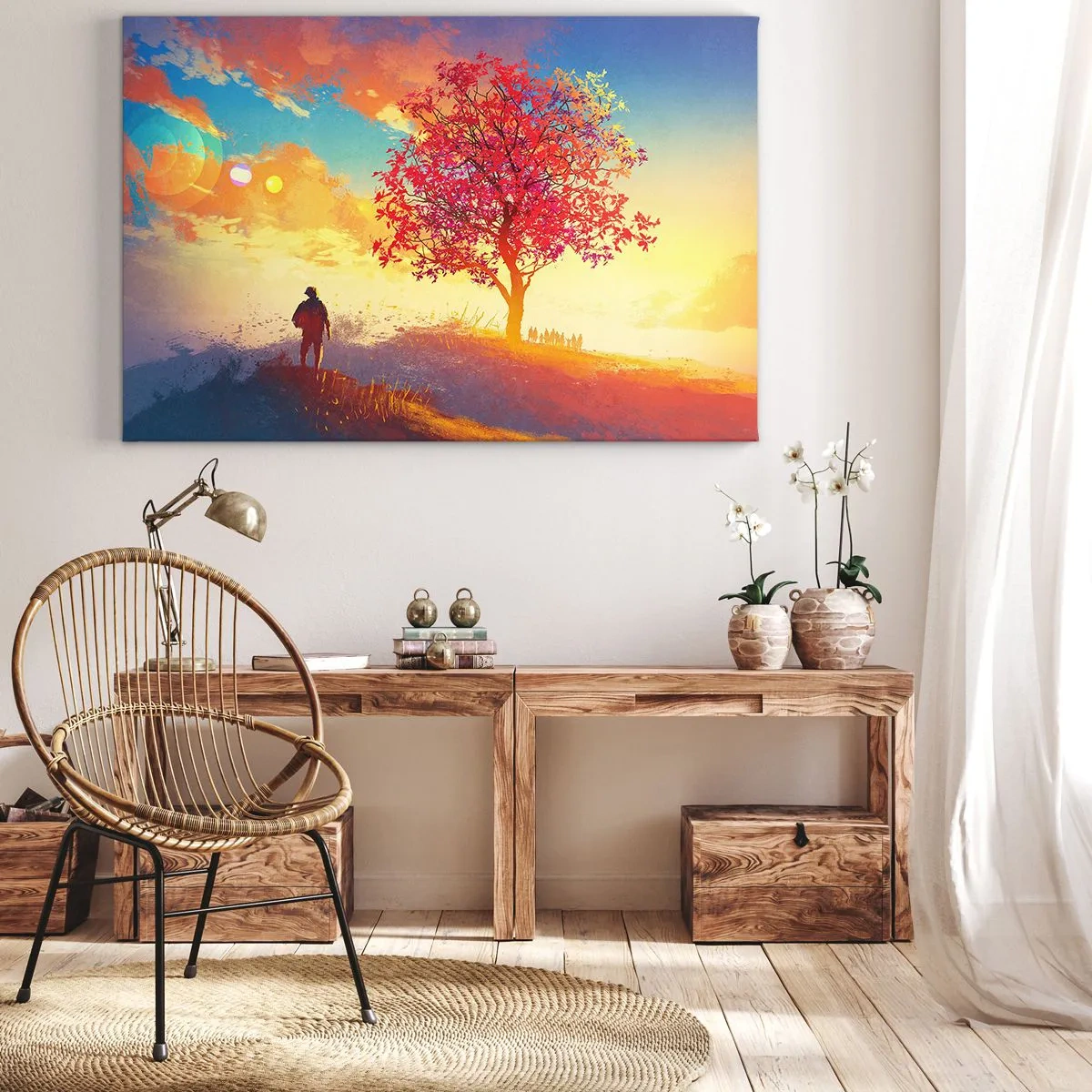 Obraz na plátne - Postava na kopci vedľa farebného stromu vo svetle zapadajúceho slnka - 70x50cm - Pútnik pri cieli - Moderná nástenná dekorácia do obývacej izby a spálne ARTTOR