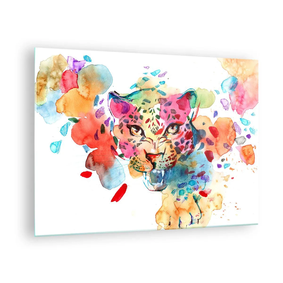 Obraz na skle - Farebný akvarelový portrét leoparda - 70x50cm - Kráska a zviera - Moderná nástenná dekorácia do obývacej izby a spálne ARTTOR