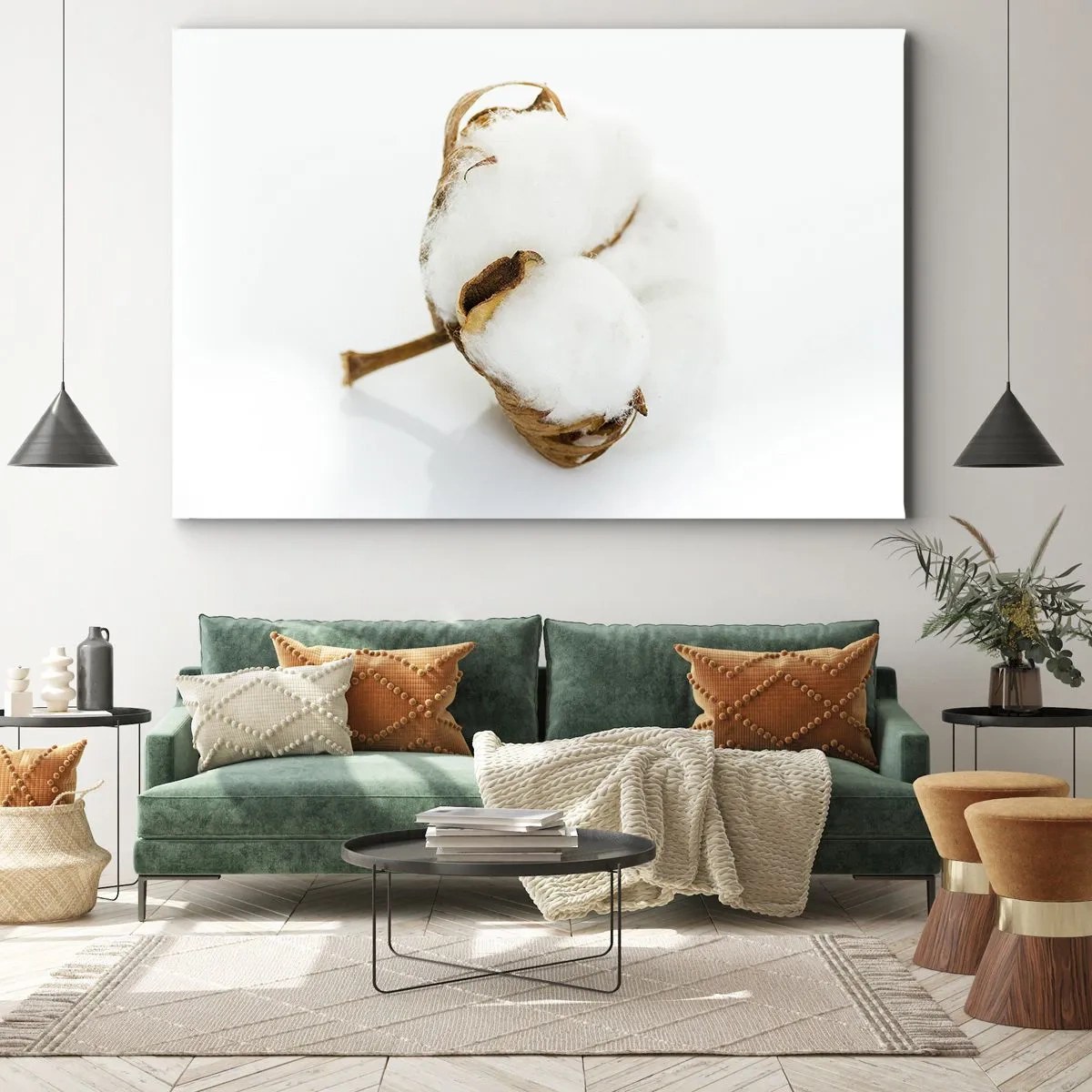 Obraz na plátne - Vetvička bavlny na svetlom pozadí v minimalistickom štýle - 70x50cm - Mäkká od prírody - Moderná nástenná dekorácia do obývacej izby a spálne ARTTOR
