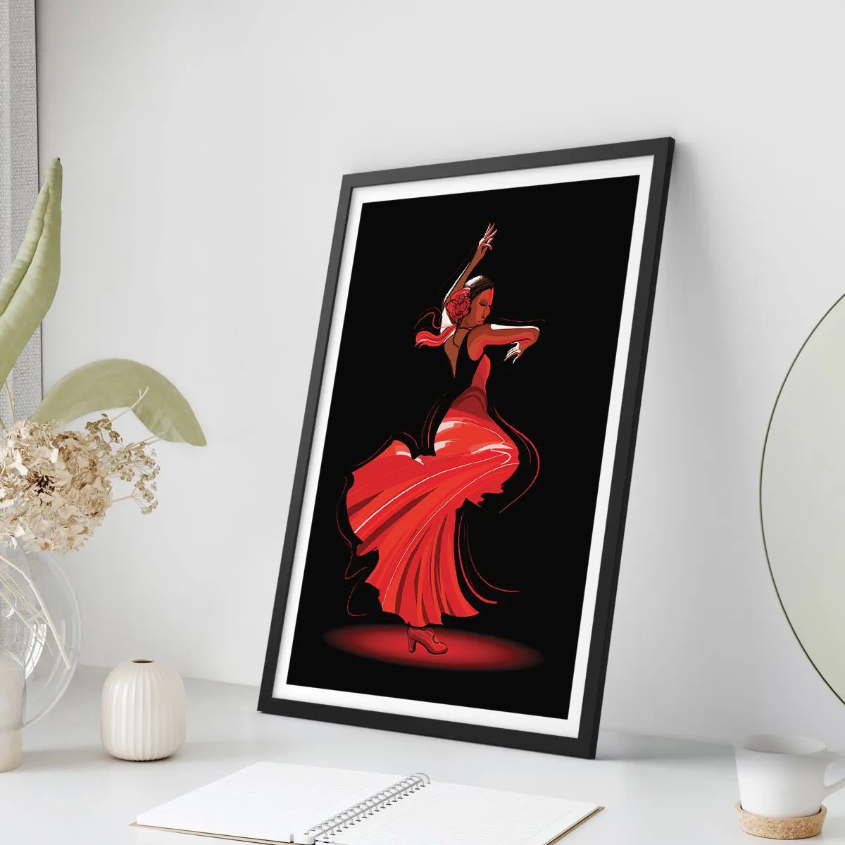 Plagát v čiernom ráme - Flamenco tanečnica v červených šatách na čiernom pozadí - 50x70cm - Horúca duša flamenco - Moderná nástenná dekorácia do obývacej izby a spálne ARTTOR