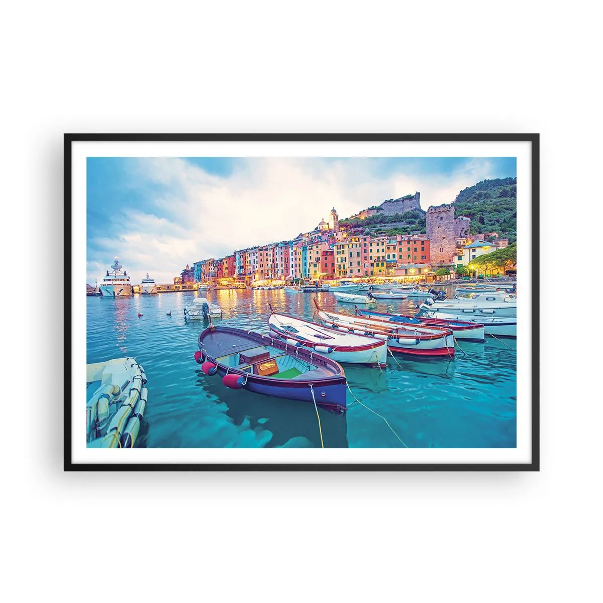 Plagát v čiernom ráme - Farebný večer v prístave - 100x70 cm