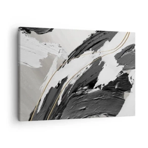 Obraz na plátne - Čiernobiele ťahy farby s jemným zlatým akcentom - 70x50cm - Veľkorysá abstrakcia - Moderná nástenná dekorácia do obývacej izby a spálne ARTTOR