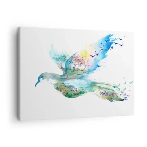 Obraz na plátne - Akvarelová kompozícia vtáka s prvkami prírody - 70x50cm - Na krídlach prírody - Moderná nástenná dekorácia do obývacej izby a spálne ARTTOR