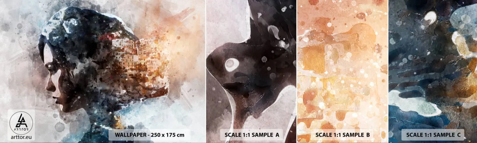 Vzorka samolepiacej fototapety Deluxe Sticker - Príbeh o dievčati s mestom v pozadí - Abstrakcia, Žena, Architektúra - 100x30 cm