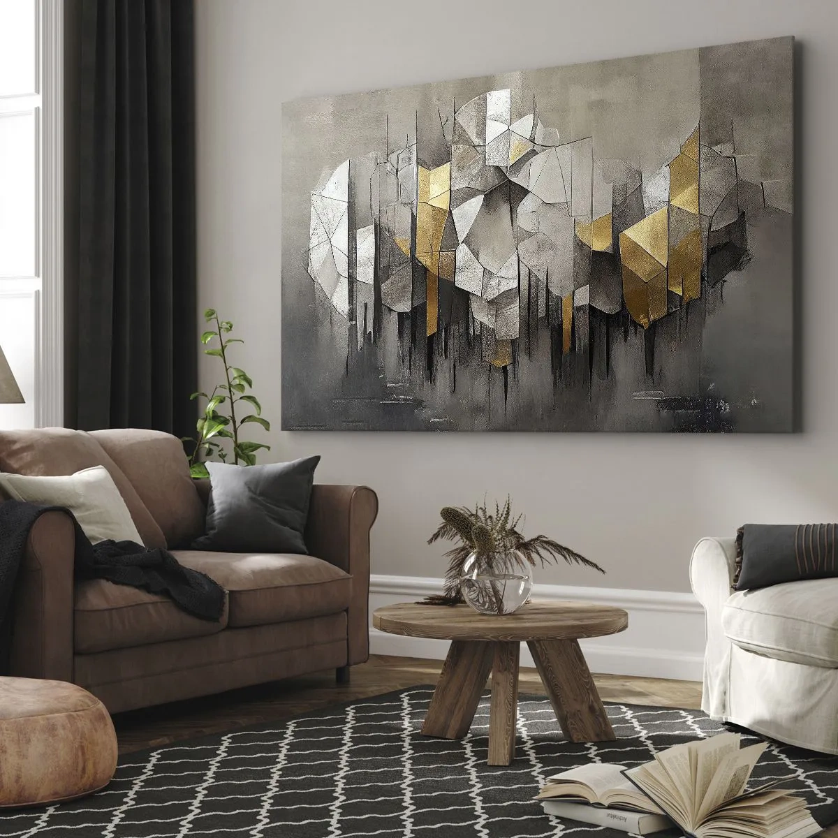 Obraz na plátne - Geometrická abstrakcia v odtieňoch zlatej a sivej - 70x50cm - Kompozícia z ľadu a svetla - Moderná nástenná dekorácia do obývacej izby a spálne ARTTOR