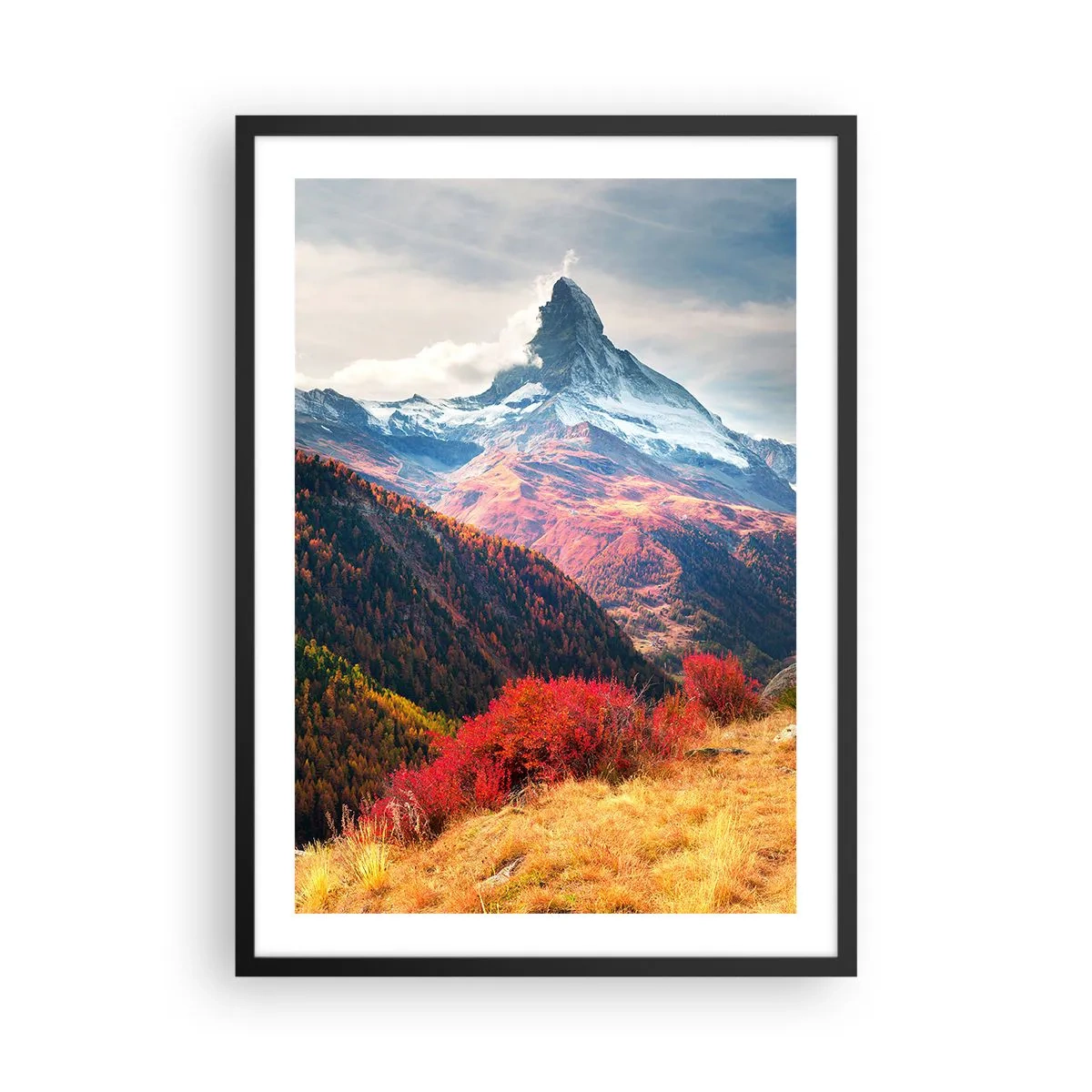 Plagát v čiernom ráme - Jesenná horská krajina so zasneženým vrcholom - 50x70cm - Alpská jeseň - Moderná nástenná dekorácia do obývacej izby a spálne ARTTOR