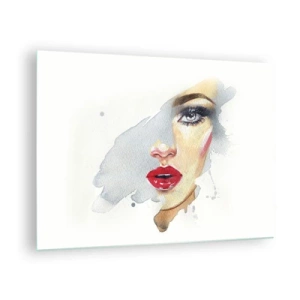 Obraz na skle - Akvarelová portrét ženy s červenými perami - 70x50cm - Odraz v kvapke vody - Moderná nástenná dekorácia do obývacej izby a spálne ARTTOR