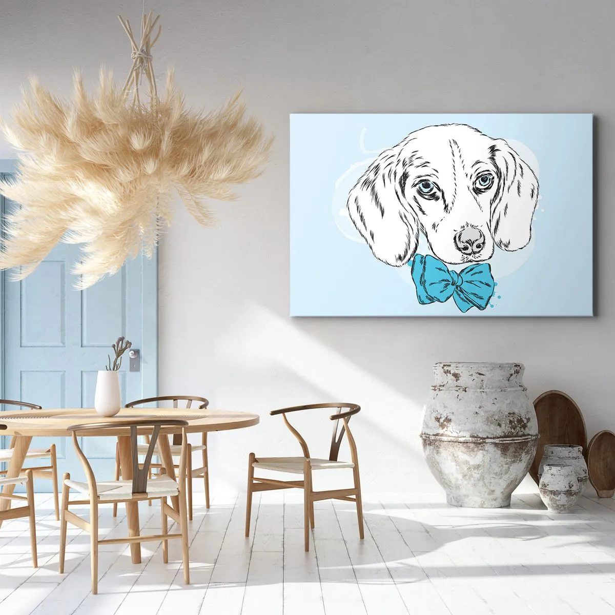 Obraz na plátne - Rozkošná grafika psa s motýlikom na pastelovom pozadí - 70x50cm - Psia elegancia - Moderná nástenná dekorácia do obývacej izby a spálne ARTTOR