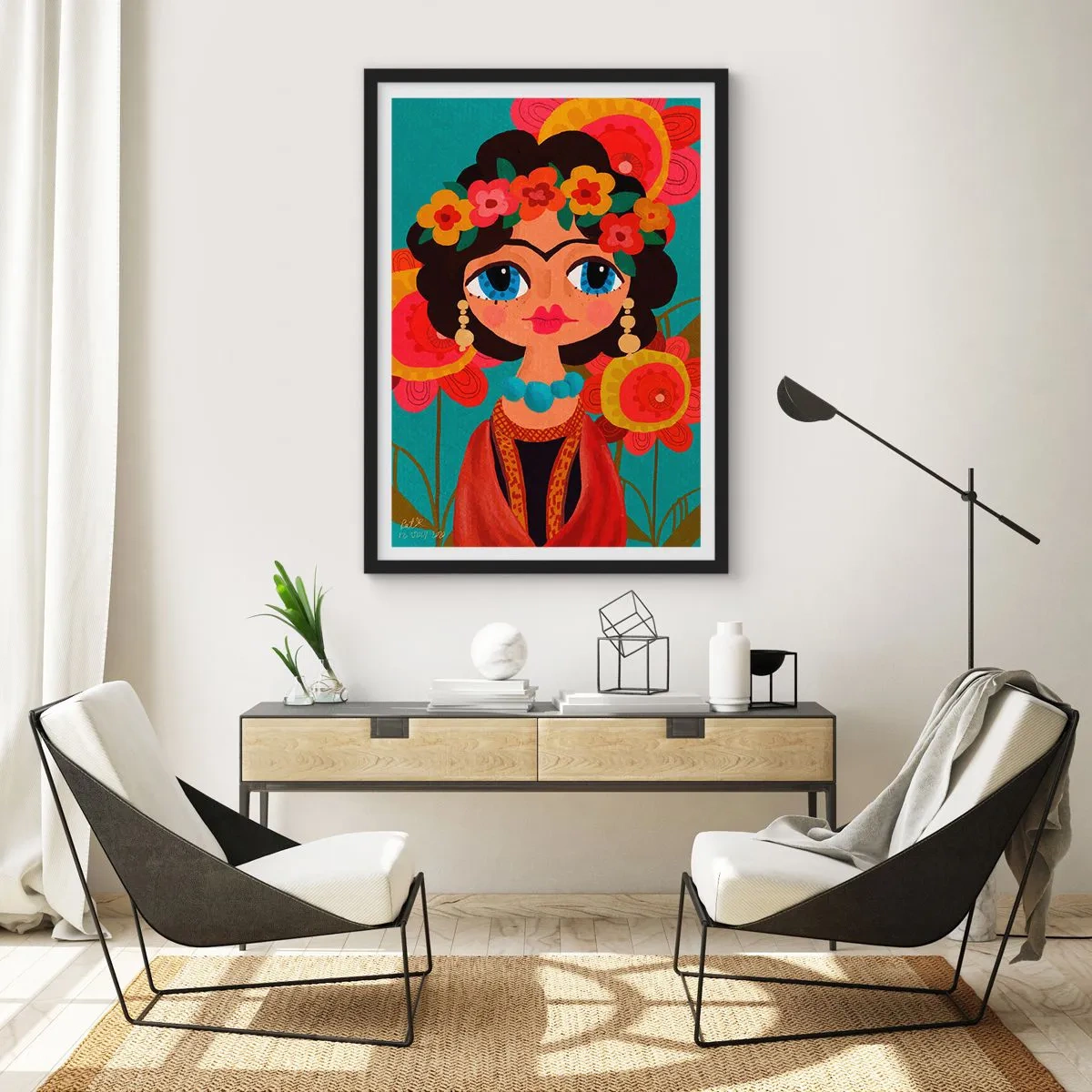 Plagát v čiernom ráme - Farebný portrét ženy v ľudovom štýle a kvetinová koruna - 50x70cm - O dievčatku Makovičke - Moderná nástenná dekorácia do obývacej izby a spálne ARTTOR