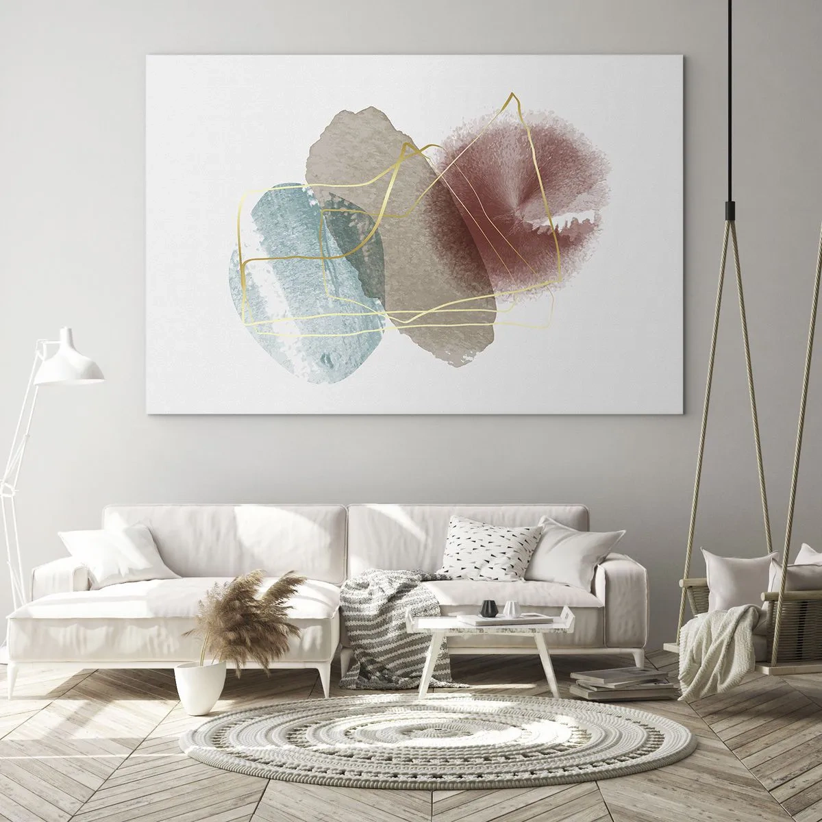 Obraz na skle - Abstraktné akvarelové špliechajúce farby a zlaté čiary - 70x50cm - Korálky priestoru - Moderná nástenná dekorácia do obývacej izby a spálne ARTTOR