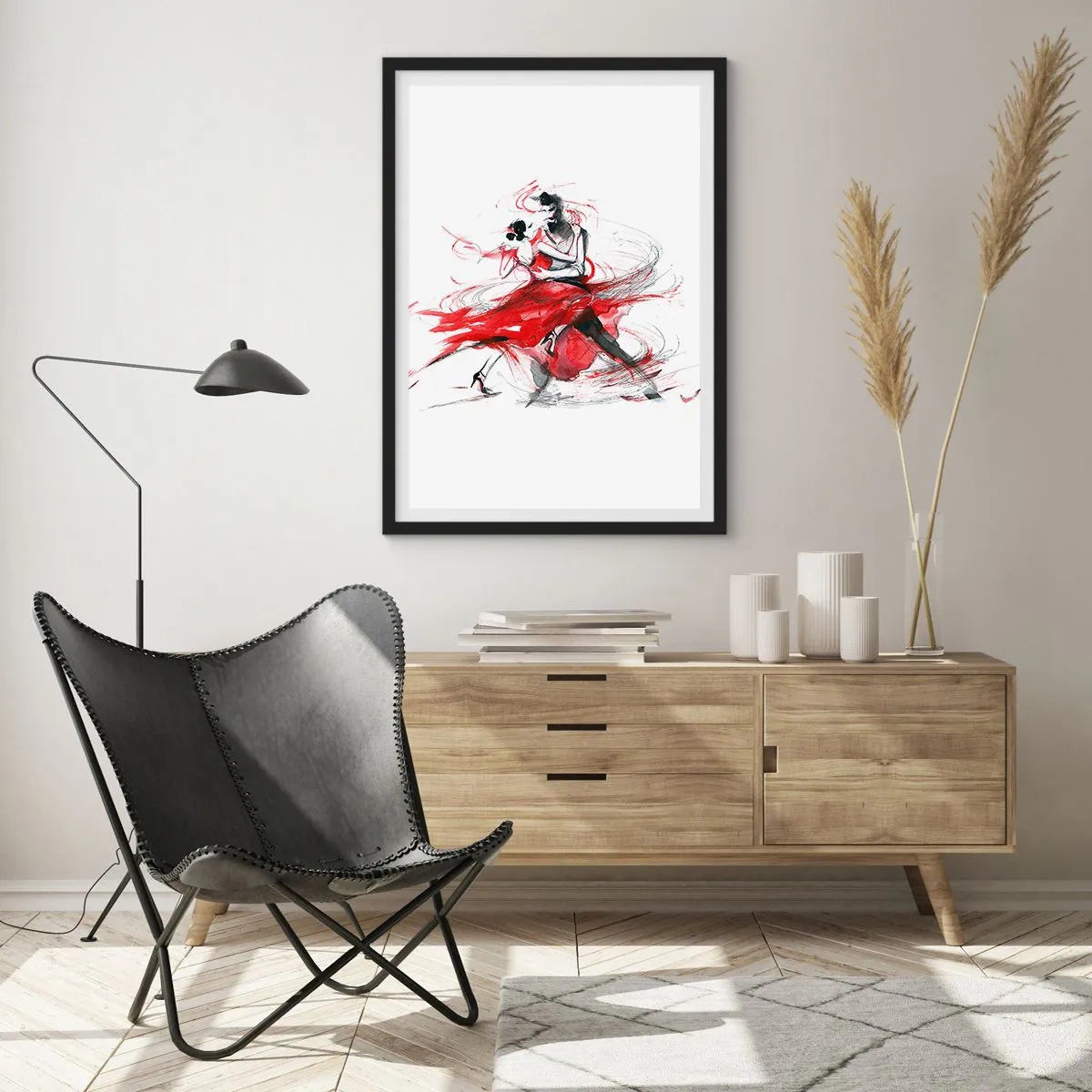 Plagát v čiernom ráme - Pár tancuje tango s dynamickými červenými akcentmi - 50x70cm - Tango - rytmus náruživosťou - Moderná nástenná dekorácia do obývacej izby a spálne ARTTOR