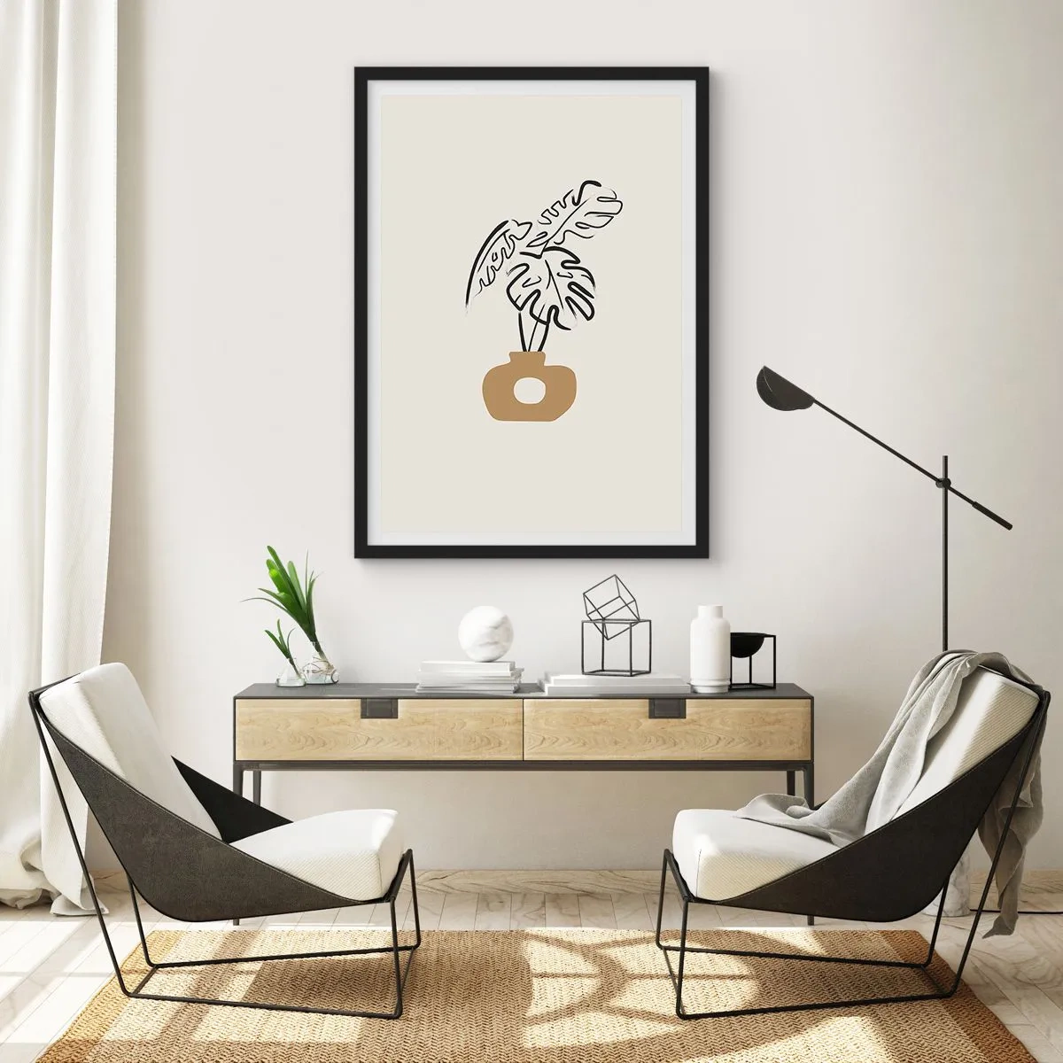 Plagát v čiernom ráme - Minimalistická kresba monstery vo váze - 50x70cm - Monstera – ozdoba pre domácnosť - Moderná nástenná dekorácia do obývacej izby a spálne ARTTOR