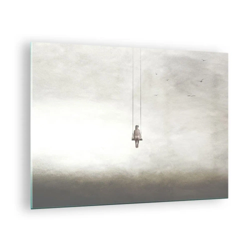 Obraz na skle - Postava na hojdačke zavesená na oblohe - 70x50cm - Dieťa v nás - Moderná nástenná dekorácia do obývacej izby a spálne ARTTOR