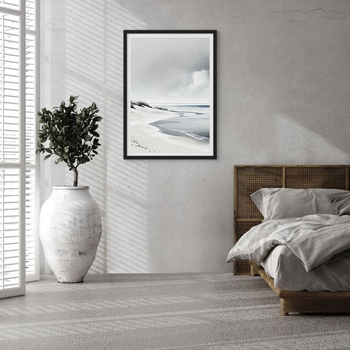 Plagát v čiernom ráme - Minimalistická pláž v odtieňoch sivej - 50x70cm - Vždy spolu - Moderná nástenná dekorácia do obývacej izby a spálne ARTTOR