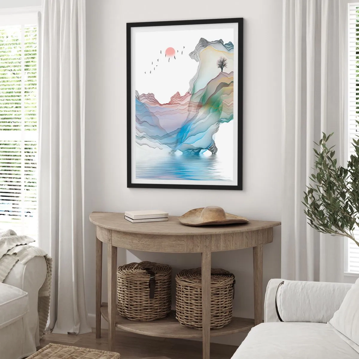 Plagát v čiernom ráme - Farebné, vrstvené hory nad pokojným jazerom so stromom - 50x70cm - Ku krištáľovým horám - Moderná nástenná dekorácia do obývacej izby a spálne ARTTOR