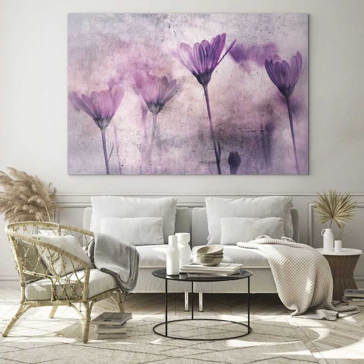 Obraz na skle - Jemné kvety v pastelových odtieňoch fialovej - 70x50cm - Sen kvetov - Moderná nástenná dekorácia do obývacej izby a spálne ARTTOR