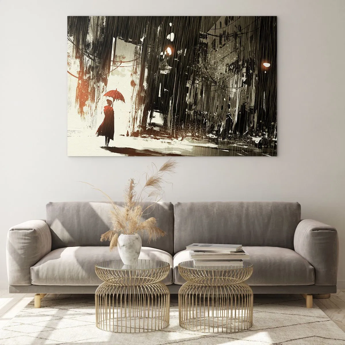 Obraz na skle - Osoba s červeným dáždnikom v daždi na tmavom pozadí mesta. - 70x50cm - Poézia červeného dáždnika - Moderná nástenná dekorácia do obývacej izby a spálne ARTTOR