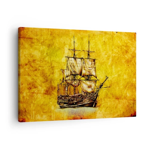 Obraz na plátne - Štylizovaná kresba plachetnice na zlatom pozadí s vintage nádychom. - 70x50cm - Smer Tortuga! - Moderná nástenná dekorácia do obývacej izby a spálne ARTTOR