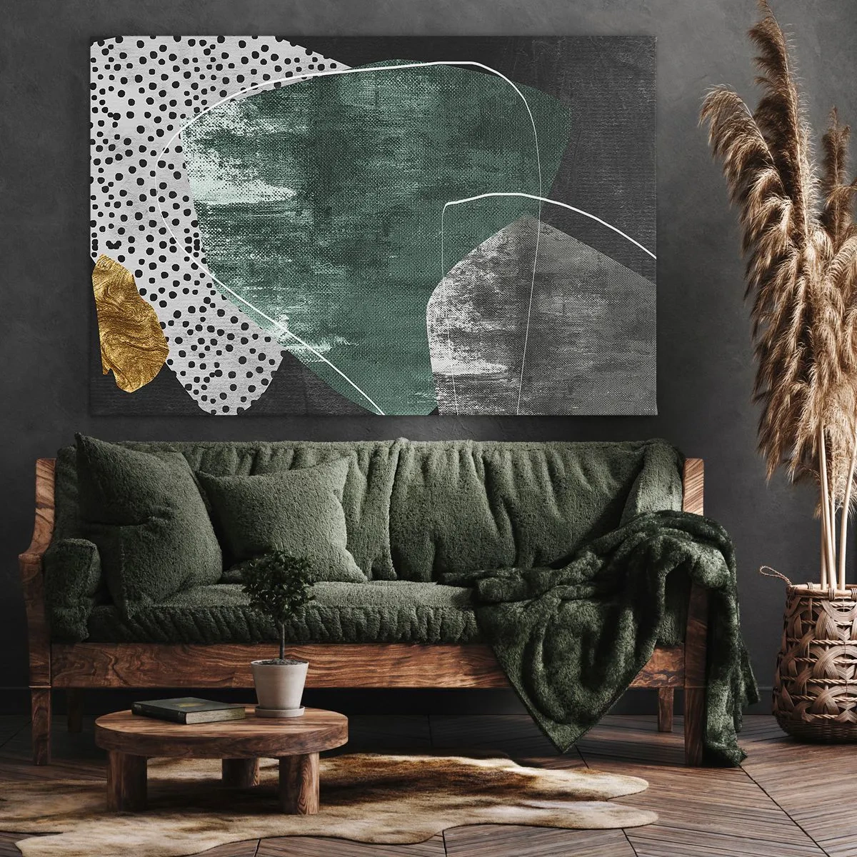 Obraz na plátne - Abstraktná kompozícia so zelenými tvarmi a bodkovými vzormi - 70x50cm - Farebná abstrakcia so zlatou vločkou - Moderná nástenná dekorácia do obývacej izby a spálne ARTTOR