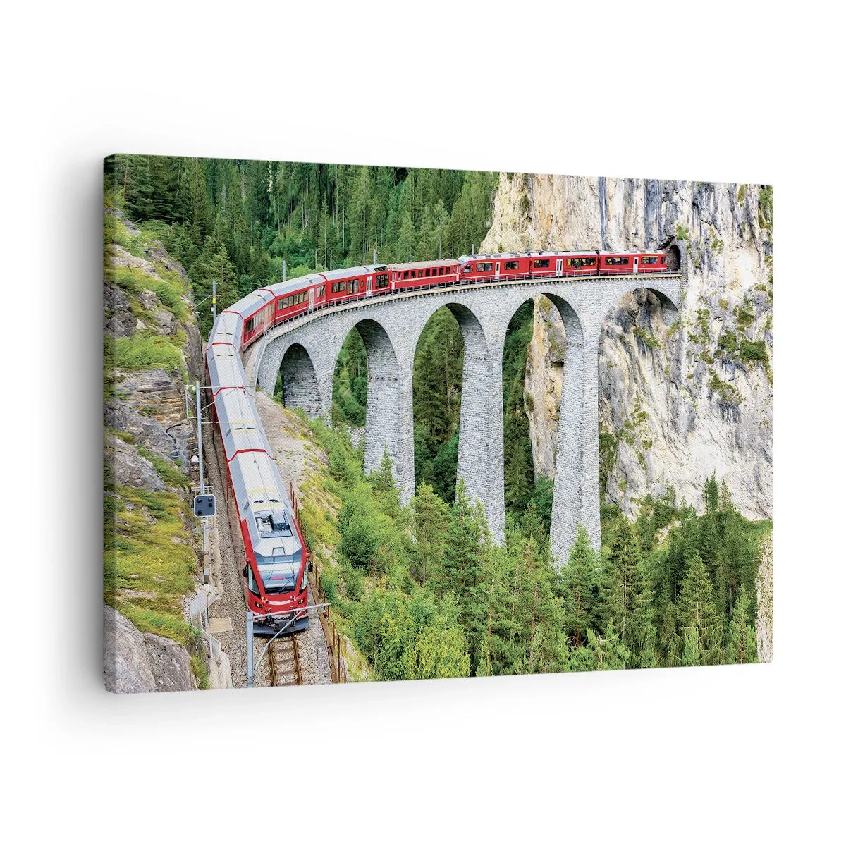 Obraz na plátne - Vlak na malebnom viadukte v hornatej krajine - 70x50cm - Horský výhľad priamo z vlaku - Moderná nástenná dekorácia do obývacej izby a spálne ARTTOR