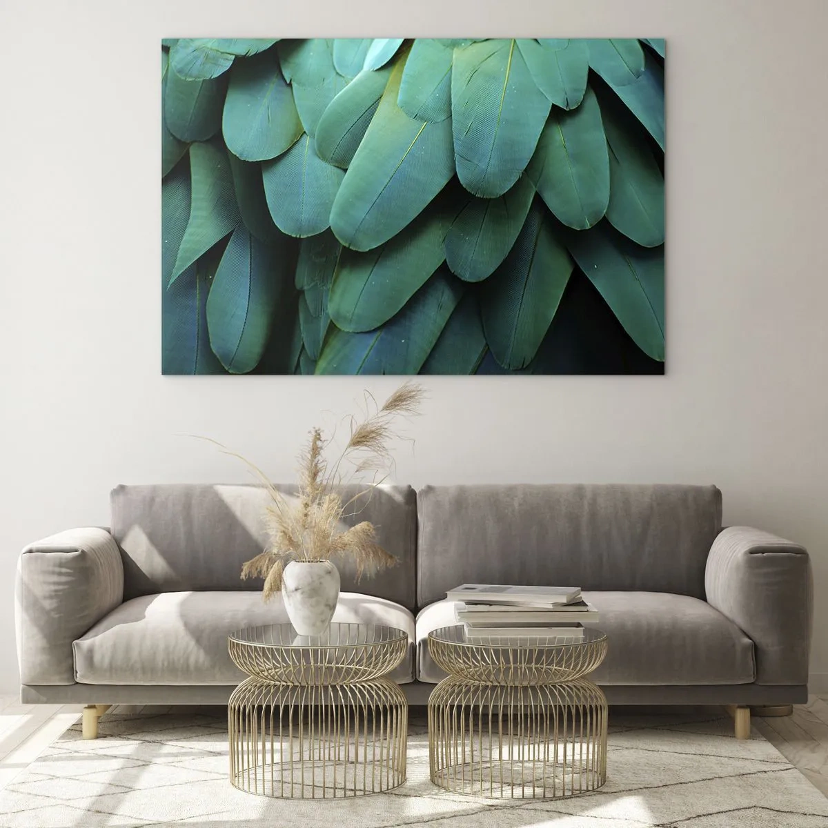 Obraz na skle - Detailný záber na intenzívne zelené perie papagája. - 70x50cm - Presnosť papagájovej povahy - Moderná nástenná dekorácia do obývacej izby a spálne ARTTOR