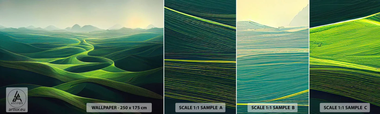 Vzorka samolepiacej fototapety Deluxe Sticker - V zelených údoliach - Krajina, Lúka, Údolia - 100x30 cm