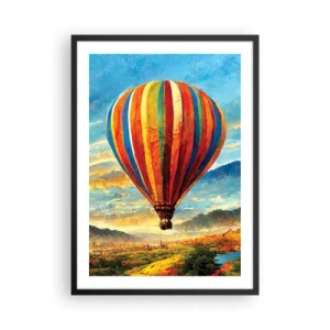 Plagát v čiernom ráme - Farebný balón nad malebnou krajinou - 50x70cm - V tichu je toho vidieť viac - Moderná nástenná dekorácia do obývacej izby a spálne ARTTOR