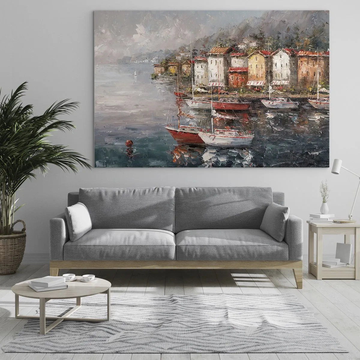 Obraz na skle - Malebný prístav s plachetnicami a farebnými domami - 70x50cm - Romantický prístav - Moderná nástenná dekorácia do obývacej izby a spálne ARTTOR