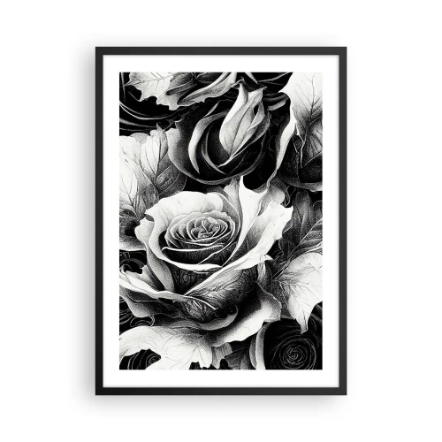 Plagát v čiernom ráme - Čiernobiela kompozícia ruží s výrazným šerosvitom - 50x70cm - Navždy kráľovná - Moderná nástenná dekorácia do obývacej izby a spálne ARTTOR