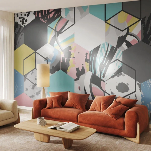 Samolepiaca Fototapeta Deluxe Sticker - Šesťuholníky a kocky v šiestich farbách - Abstrakcia, Kus, Moderný vzor - 400x280 cm