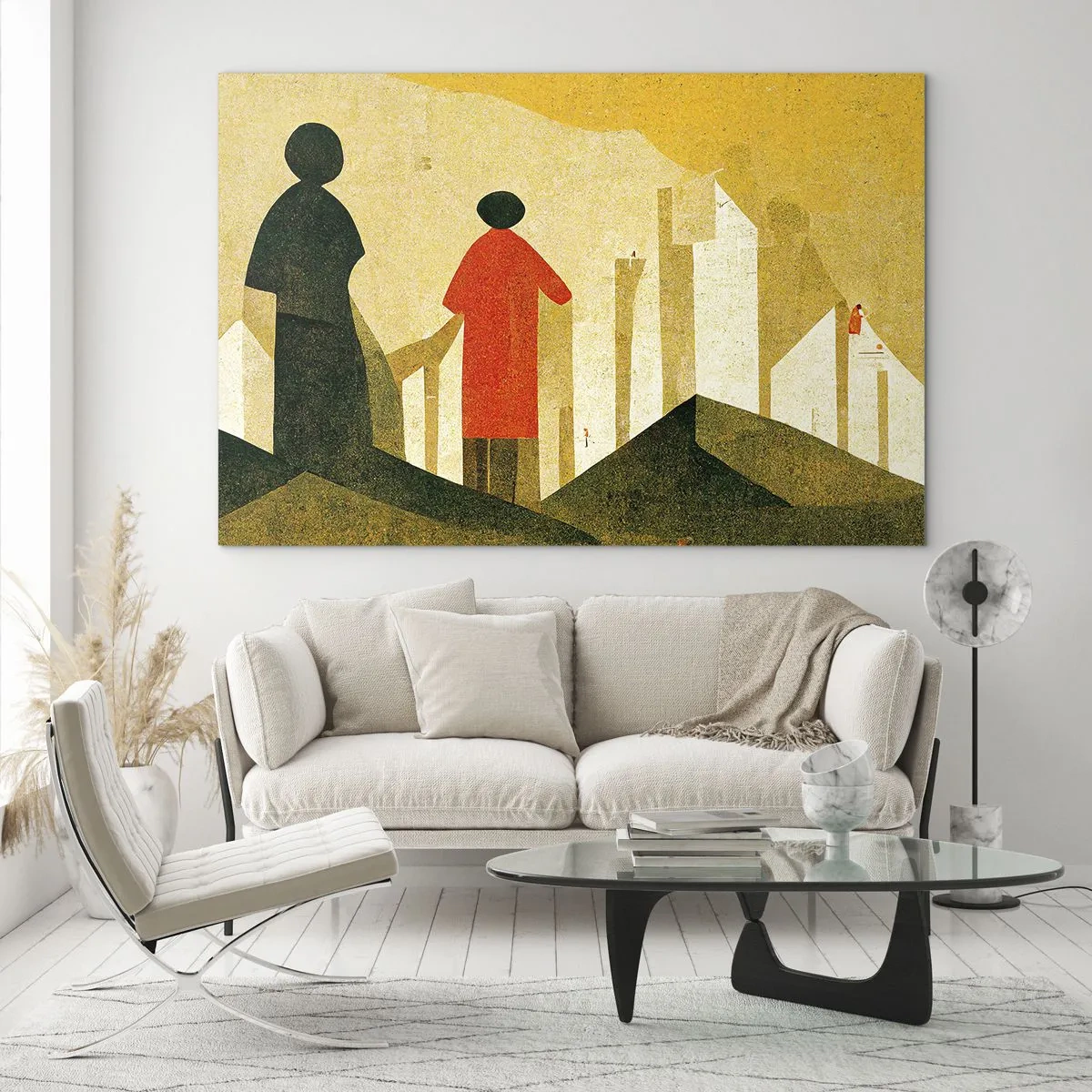 Obraz na skle - Geometrické siluety postáv medzi vysokými formami na pozadí žltej oblohy - 70x50cm - Ešte veľmi ďaleko - Moderná nástenná dekorácia do obývacej izby a spálne ARTTOR