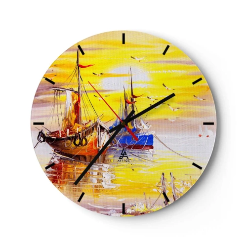 Nástenné hodiny - Malebné plachetnice pri západe slnka - 30x30cm - Zaslúžený odpočinok v prístave - Moderná nástenná dekorácia do obývacej izby, kuchyne a spálne ARTTOR
