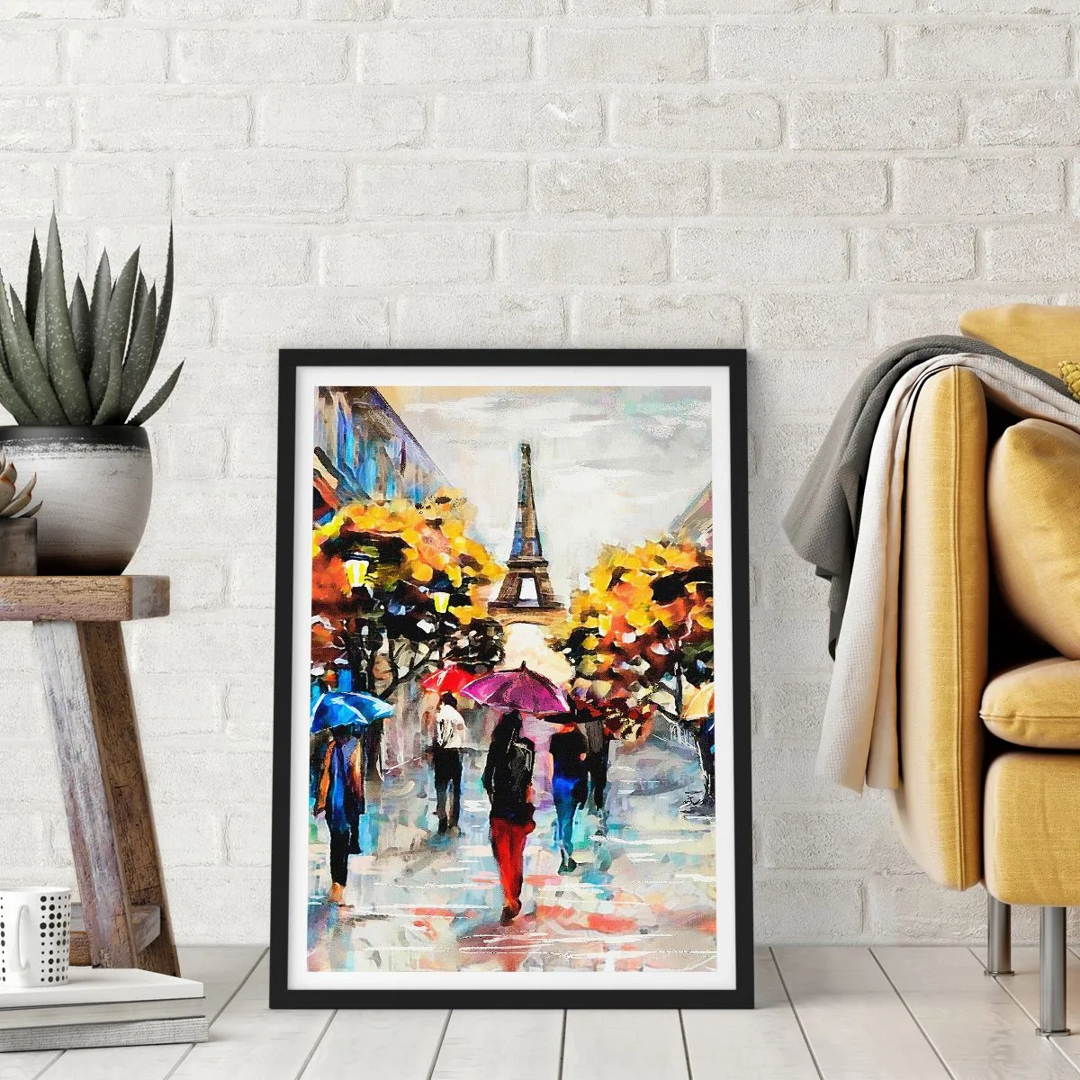 Plagát v čiernom ráme - Eiffelova veža v jesennej krajine s farebnými dáždnikmi - 50x70cm - Na jeseň obzvlášť krásny - Moderná nástenná dekorácia do obývacej izby a spálne ARTTOR