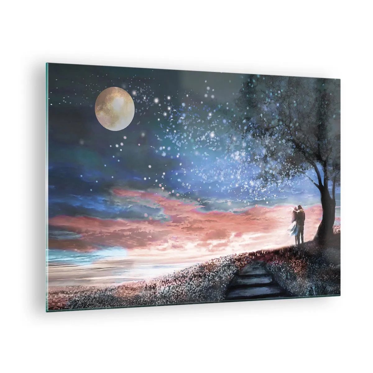 Obraz na skle - Zamilovaný pár pod stromom s mesiacom a hviezdami - 70x50cm - Hviezdicovité predstavenie - Moderná nástenná dekorácia do obývacej izby a spálne ARTTOR