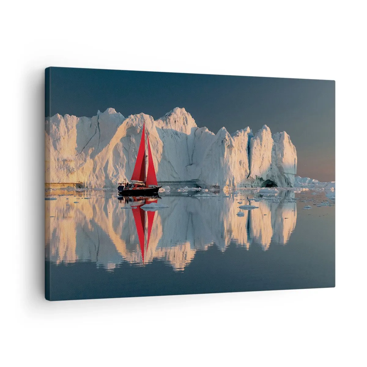 Obraz na plátne - Plachetnica s červenou plachtou na pozadí ľadovca - 70x50cm - Na okraji sveta - Moderná nástenná dekorácia do obývacej izby a spálne ARTTOR