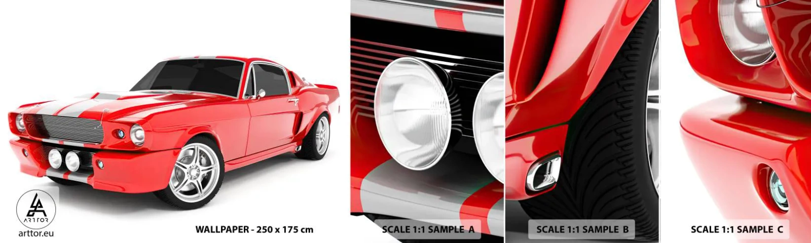 Vzorka samolepiacej fototapety Deluxe Sticker - Mustang rýchly ako vietor - Automobilový priemysel, Vintage auto, Automobil Mustang z roku 1967 - 100x30 cm