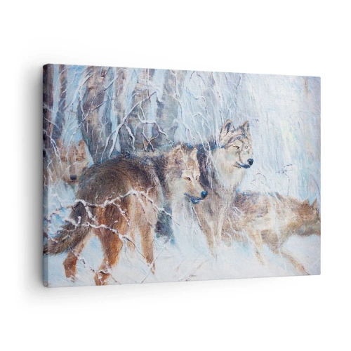 Obraz na plátne - Vlci v zimnom lese na zasneženom pozadí - 70x50cm - Pozor! Prichádza… - Moderná nástenná dekorácia do obývacej izby a spálne ARTTOR