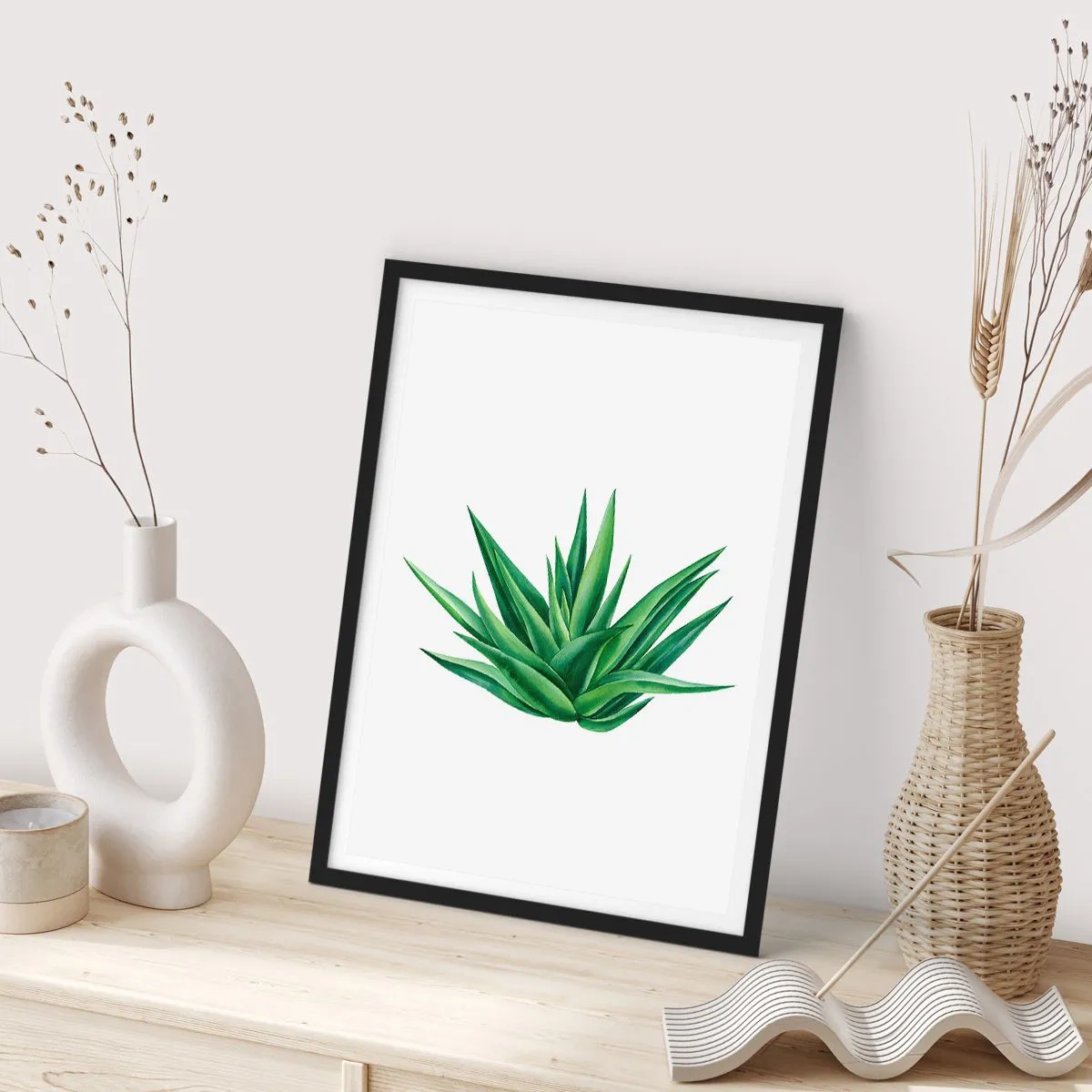 Plagát v čiernom ráme - Minimalistická ilustrácia zelenej rastliny - 50x70cm - Zelená – sila – život - Moderná nástenná dekorácia do obývacej izby a spálne ARTTOR