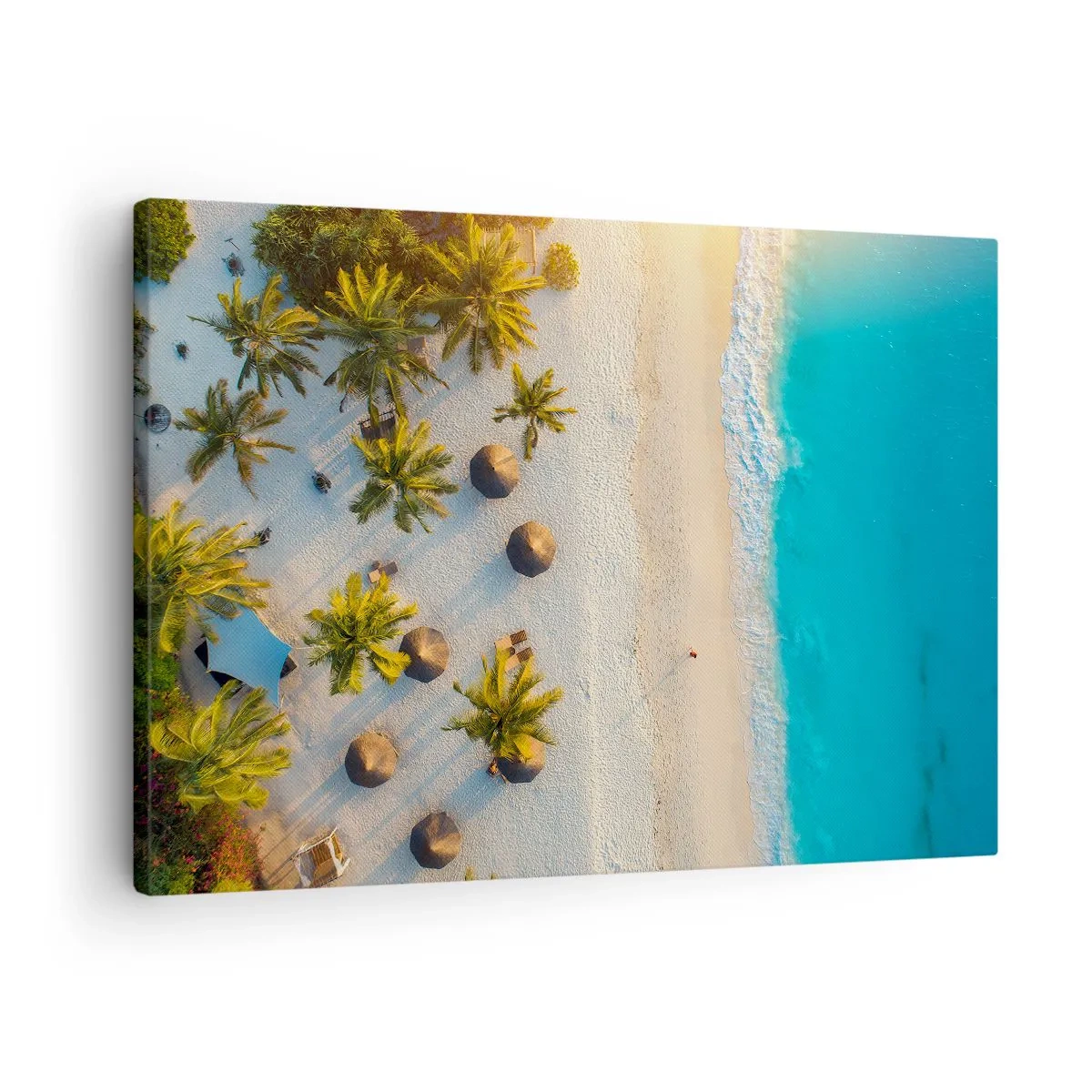 Obraz na plátne - Výhľad na tropickú pláž s palmami a tyrkysovým morom - 70x50cm - Vitaj v raji - Moderná nástenná dekorácia do obývacej izby a spálne ARTTOR