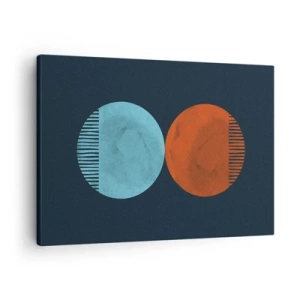Obraz na plátne - Minimalistický dizajn dvoch koliesok v modrej a oranžovej farbe - 70x50cm - Iba geometria? - Moderná nástenná dekorácia do obývacej izby a spálne ARTTOR