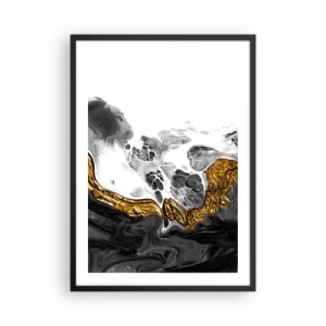 Plagát v čiernom ráme - Abstraktná kompozícia čiernej, bielej a zlatej farby - 50x70cm - Organická kompozícia - Moderná nástenná dekorácia do obývacej izby a spálne ARTTOR