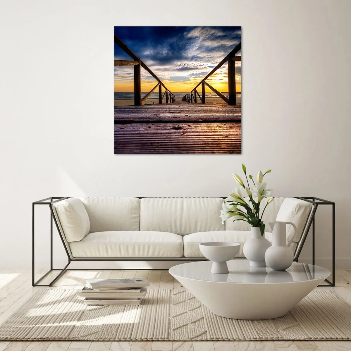 Obraz na skle - Priamo na tichú pláž pri západe slnka - 70x70 cm