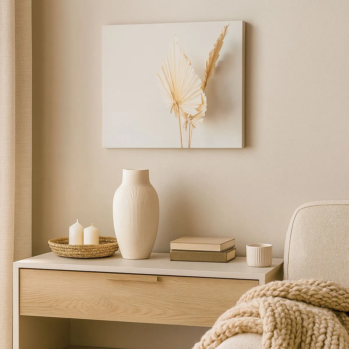 Obraz na plátne - Sušené palmové listy v minimalistickom aranžmáne - 70x50cm - Keď potrebuješ útechu - Moderná nástenná dekorácia do obývacej izby a spálne ARTTOR