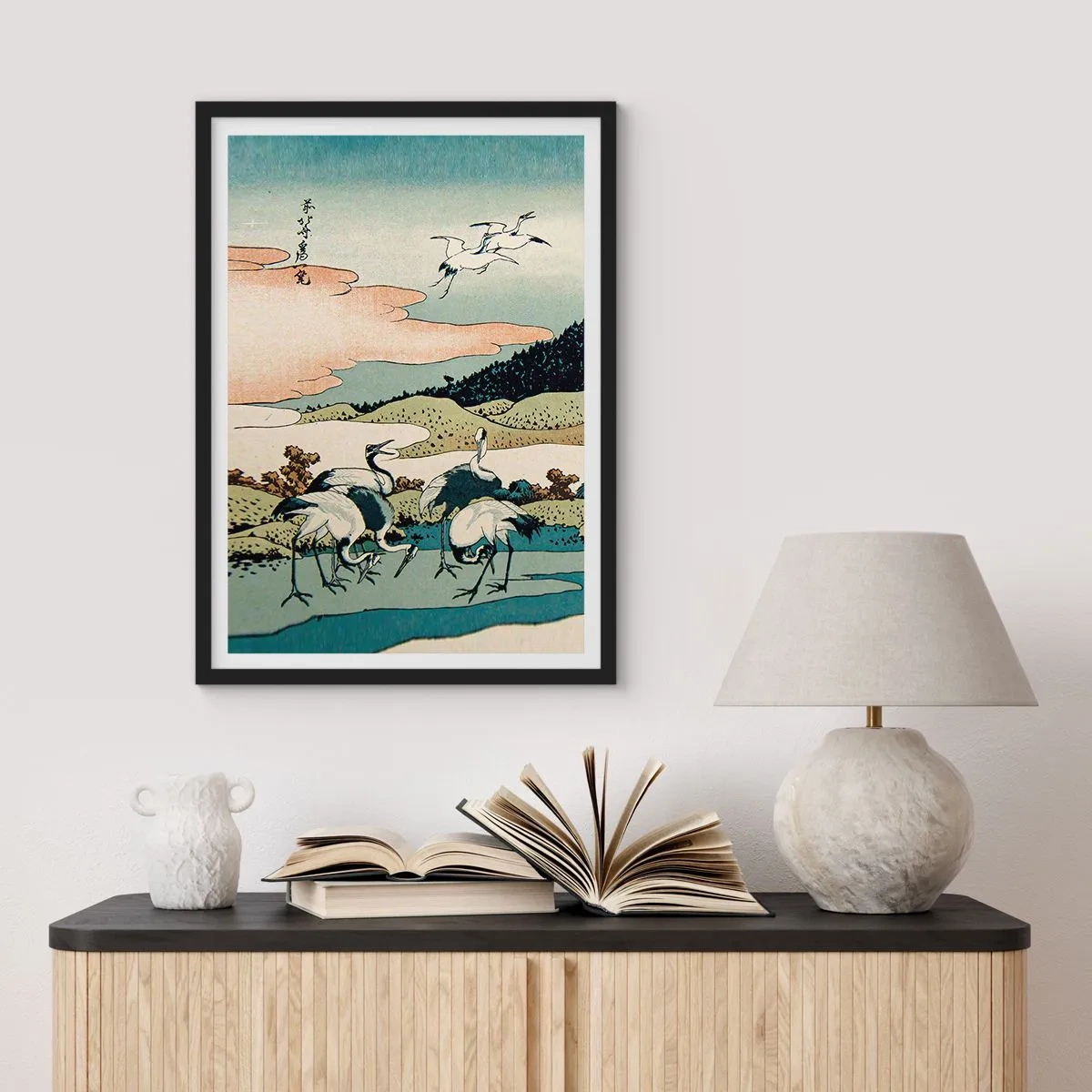 Plagát v čiernom ráme - Tradičné japonské umelecké dielo s žeriavmi v prírodnej krajine - 50x70cm - V japonskom duchu - Moderná nástenná dekorácia do obývacej izby a spálne ARTTOR